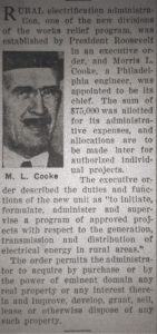 newspaper article featuring the Rural Electrification Administration and M. L. Cooke