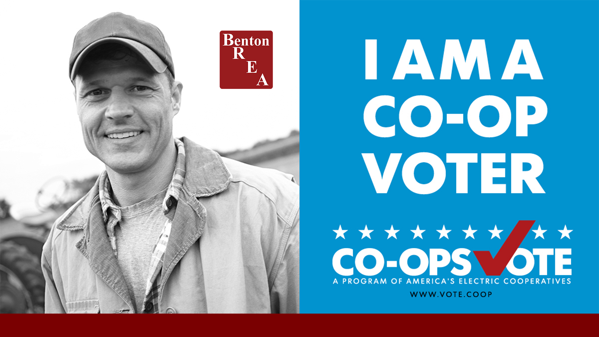 Co-opsVote Ad with man wearing a ball cap smiling at the camera- I am a Co-op Voter