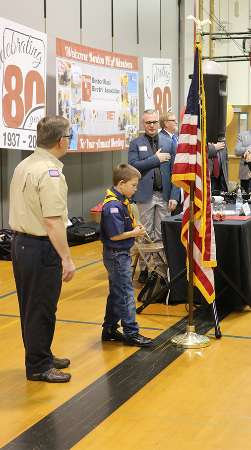 Boy Scouts lead the pledge of allegiance at the Benton REA Annual Meeting
