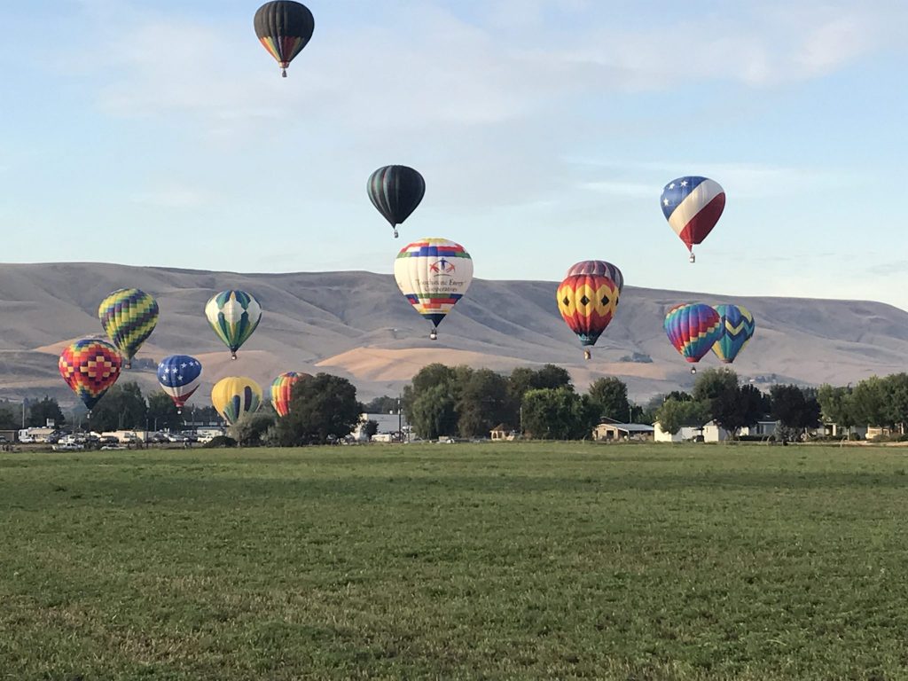 Hot Air balloons (including the Touchstone Energy Cooperatives balloon) taking off in Prosser Washington