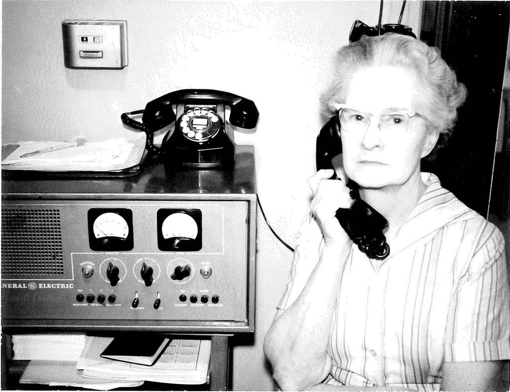 Babe Rolph-Standby Operator-talks on vintage phone (Benton REA archives)