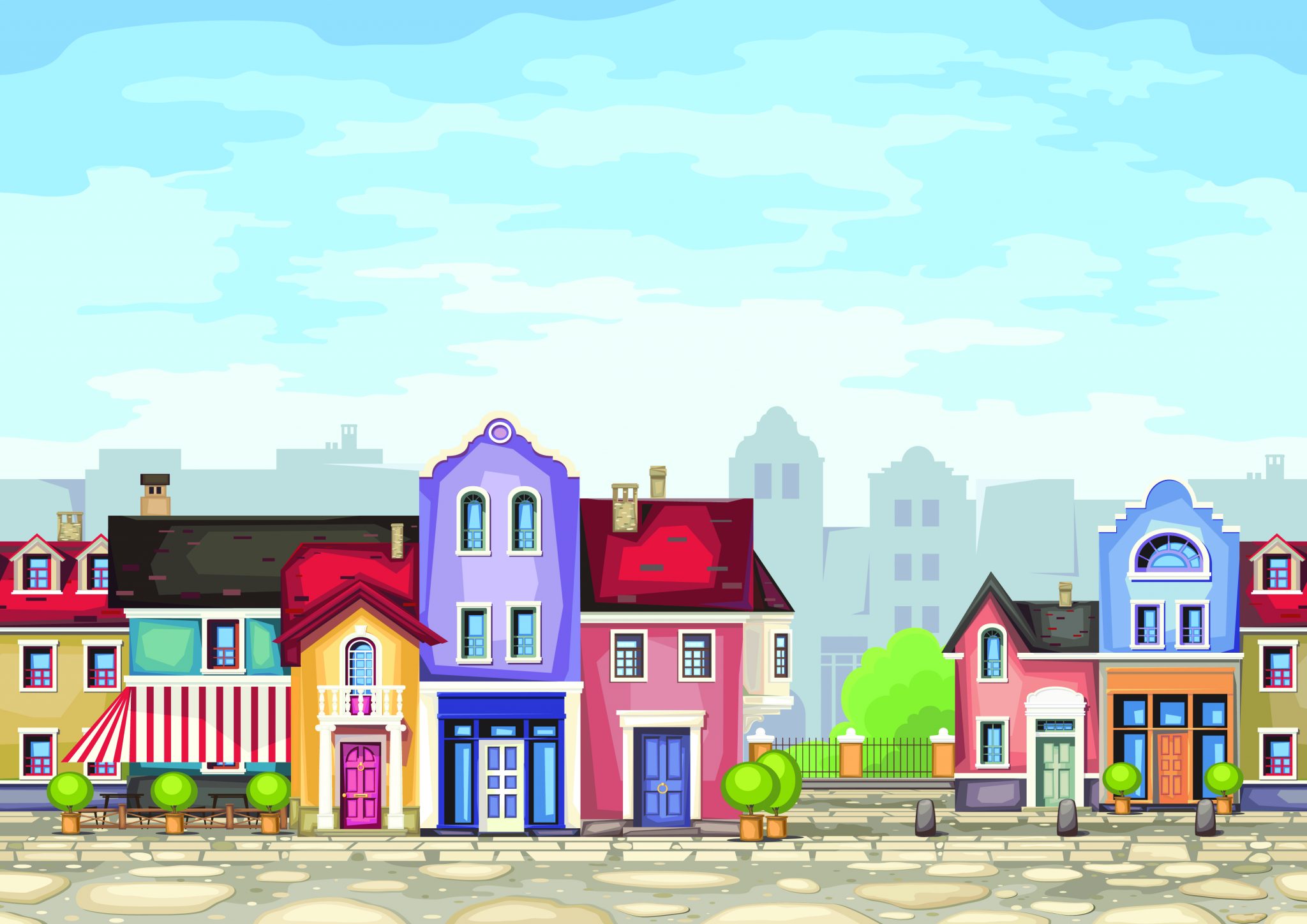 Illustration of downtown buildings in many colors