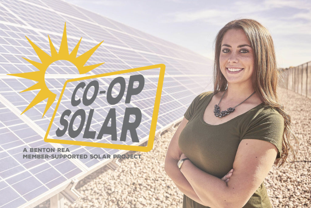 Co-op Solar Logo and photo of woman standing next to a solar farm