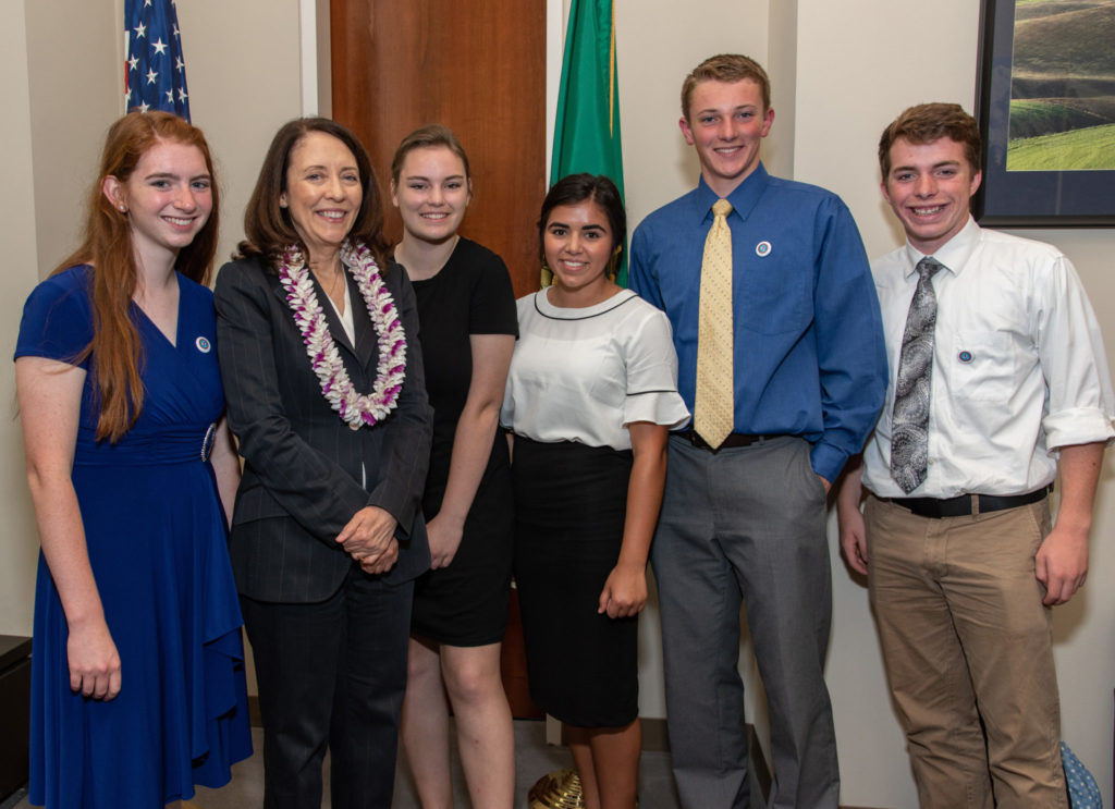 The 2018 Washington state delegates met Senator Maria Cantwell in Washington, D.C. on the Electric Cooperative Youth Tour. Pictured left to right, Taylor Smith of West Richland, Cantwell, Tashi Simpson, Israel Poulson, Talmage Hales and Joshua Cahoon of West Richland.