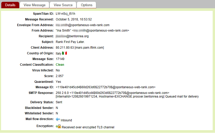 PowerNET's Spam Filter Details Tab