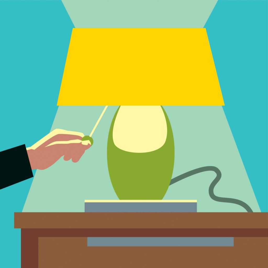 Illustration of a person turning on a lamp.