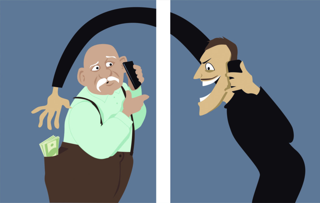 Illustration of a phone scam: two men talking to each other on cell phones and one reaches into the other's pocket to grab cash