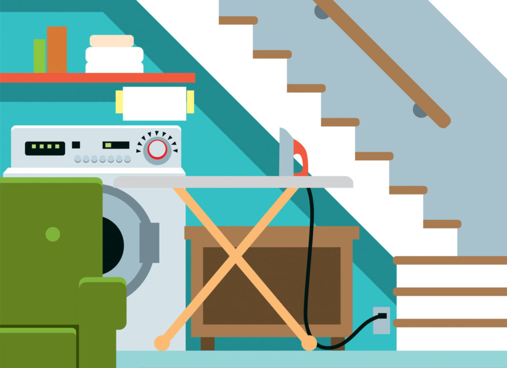 an illustration of a basement laundry room