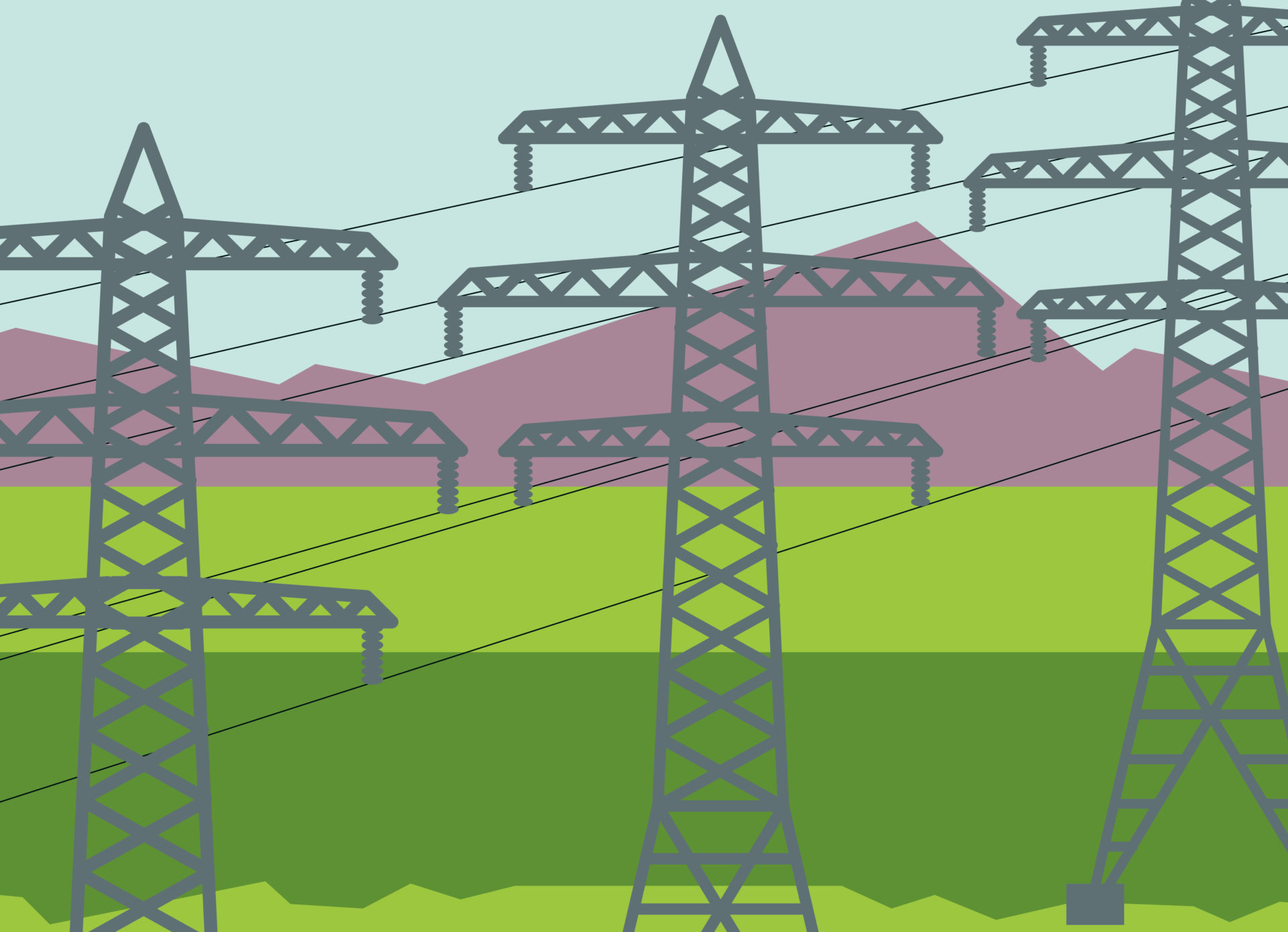 an illustration of three electrical transmission towers