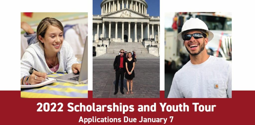 scholarships and youth tour - photos of students in academic and trade schools and a photo of two students at the united states capitol