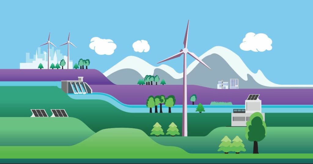 Illustration by Atilla N. Wind, solar and hydropower landscape with a river and mountains