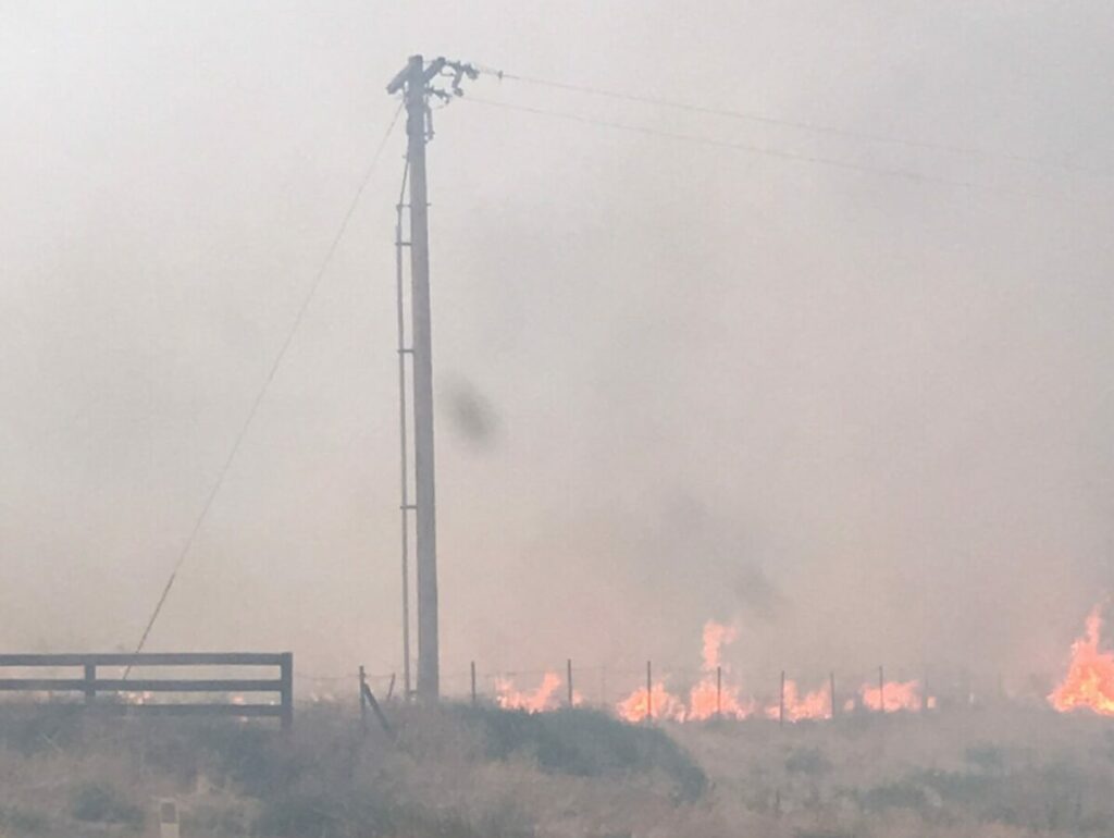 wildfire flames approach a power pole. Smoke fills the air.