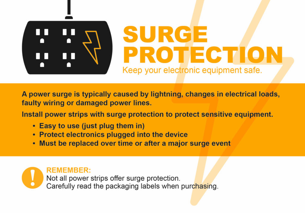 Surge Protection. Keep you electronic equipment safe. A power surge is typically caused by lightning, changes in electrical loads, faulty wiring or damaged power lines. Install power strips with surge protection to protect sensitive equipment. Easy to use (just plug them in) Protect electronics plugged into the device. Must be replaced over time or after a major surge event. Remember: Not all power strips offer surge protection. Carefully read the packaging labels when purchasing.