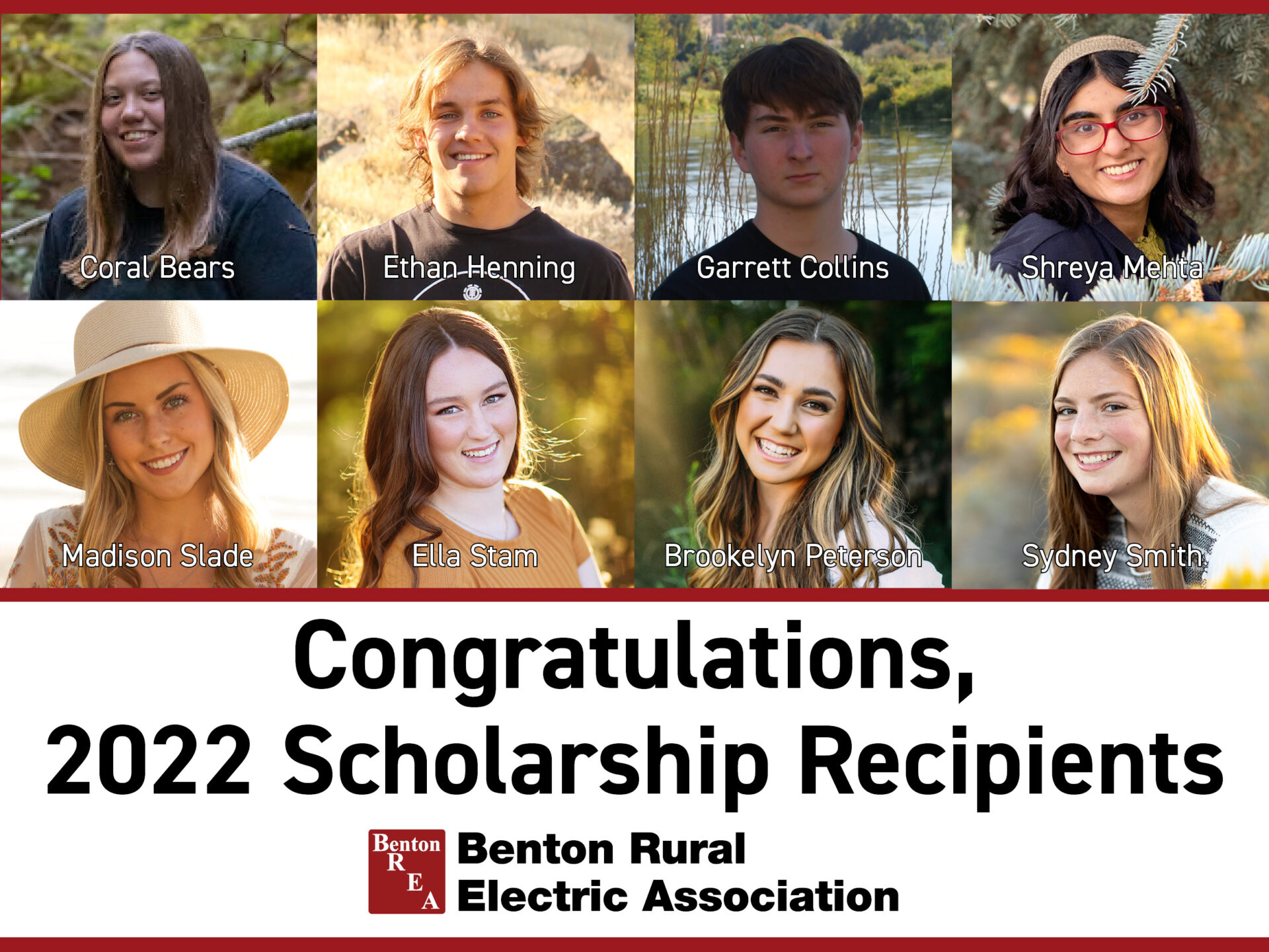 eight portraits of 2022 Benton REA scholarship recipients. Text says their names and "Congratulation, 2022 Scholarship Recipients".