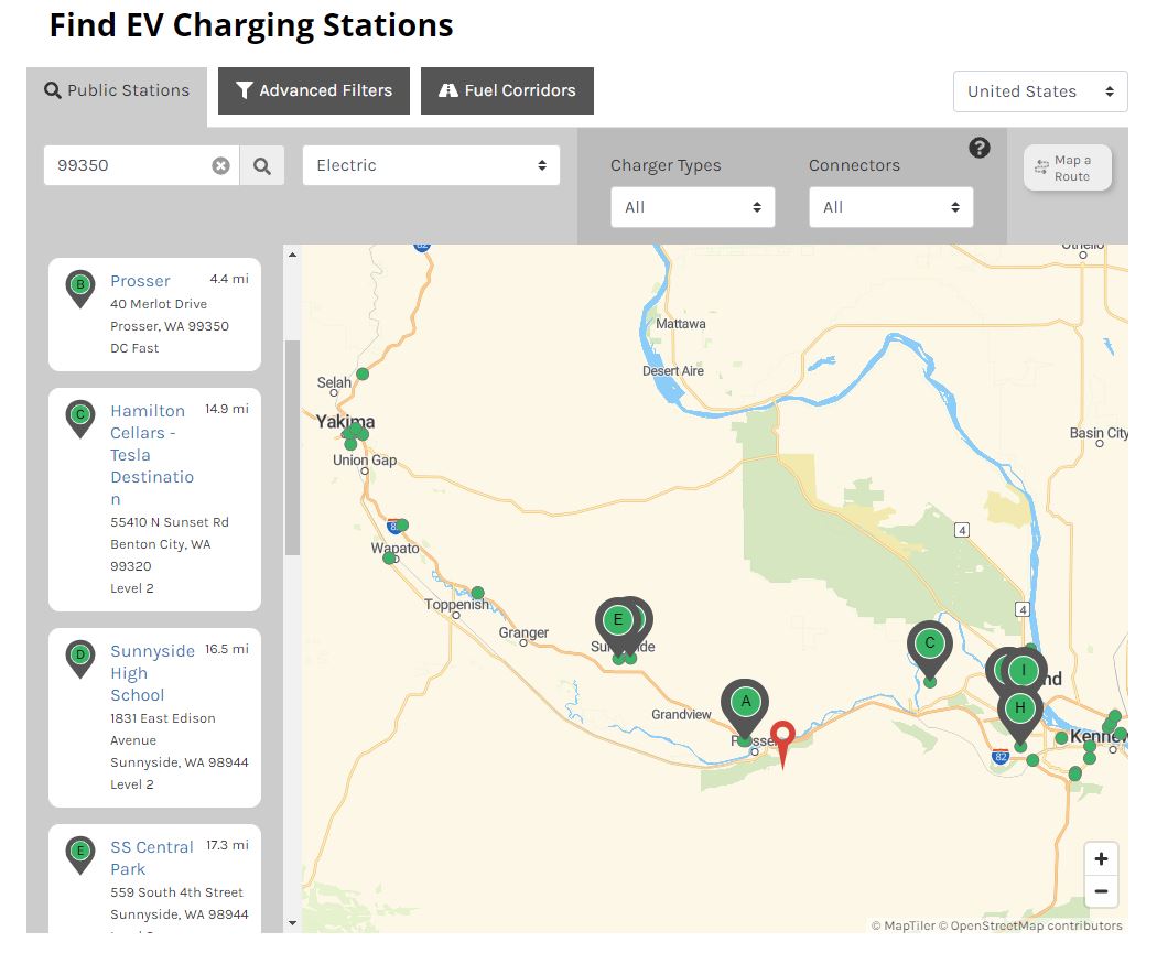 A screenshot of the charger finder map at www.BentonREA.org/EV. It shows multiple pins at Electric vehicle charging stations from Yakima, Washington, to Tri-Cities.