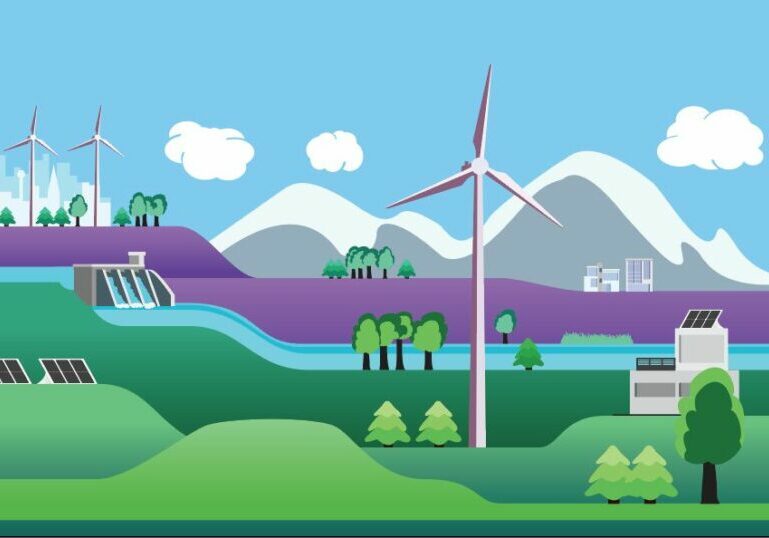Illustration by Atilla N. Wind, solar and hydropower landscape with a river and mountains